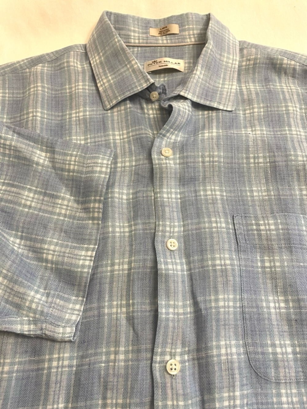 Peter Millar Seaside Plaid Shirt 100% Linen Short Sleeve Blue Purple Men’s Large